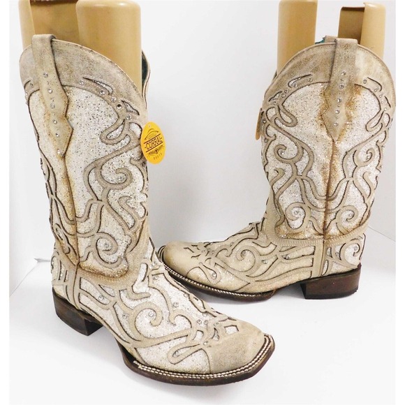 Corral Beige Suede White Glitter‎ Leather Cowboy Western Jeweled Boots sz 11 M - Picture 1 of 10